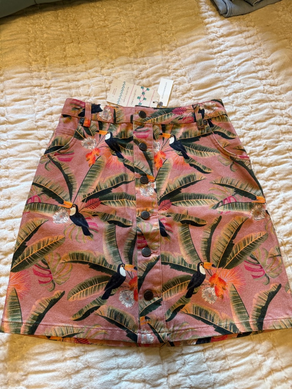 FARM Rio Pink Tropical Toucan Button-Front Mini Skirt